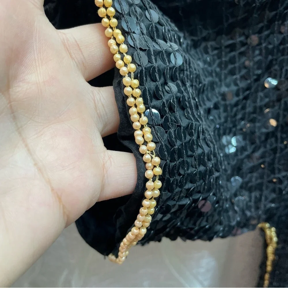 Europeen Vintage Black Sequin‎ Floral Embellished Top Blouse - Picture 6 of 8